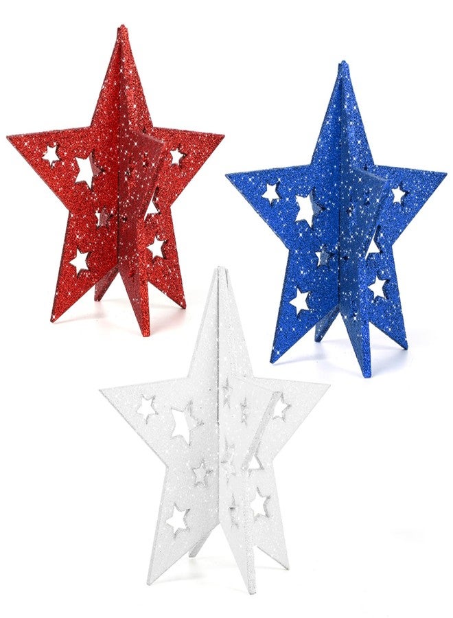 COCHIE 6 Inch Labor Day Decorations Wooden Stars Set, 3D Glitter Star Memorial Day Tiered Tray Decor, 4th of July Red White Blue Patriotic Decoration for Home Table Desk Door Shelf (Cutout, Set of 3) - Image 1